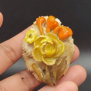 Antique Royal Worcester Floral Brooch Pin Yellow Rose Orange Flowers